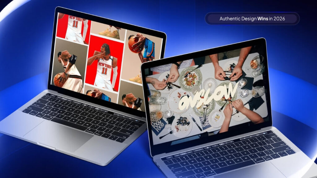 Graphic Design Trends 2026: Why Imperfection Is Winning 6 Two laptop screens showing authentic collage-style brand design examples including sports photography grids and handwritten typography, labeled Authentic Design Wins in 2026