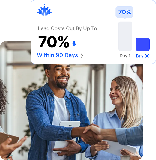 Plano, TX SEO and digital marketing result: a client handshake with a card showing lead costs cut by up to 70 percent within 90 days
