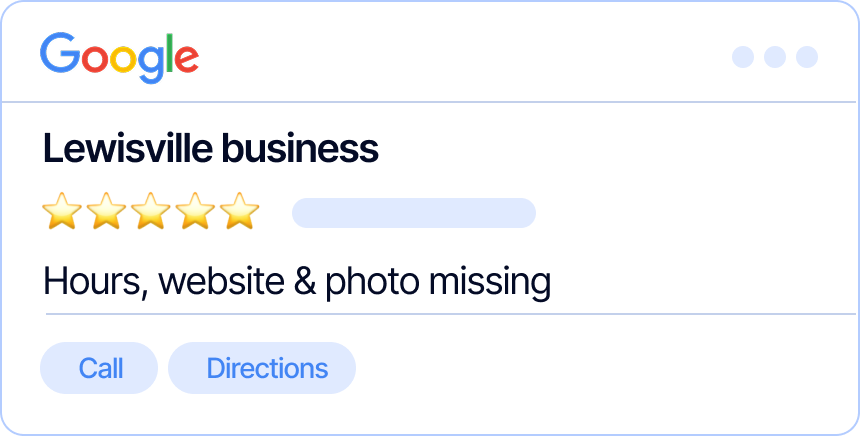 Unoptimized Google Business Profile for a Lewisville, TX business with missing hours, website, and photos, the kind of gap that keeps a business out of the local pack