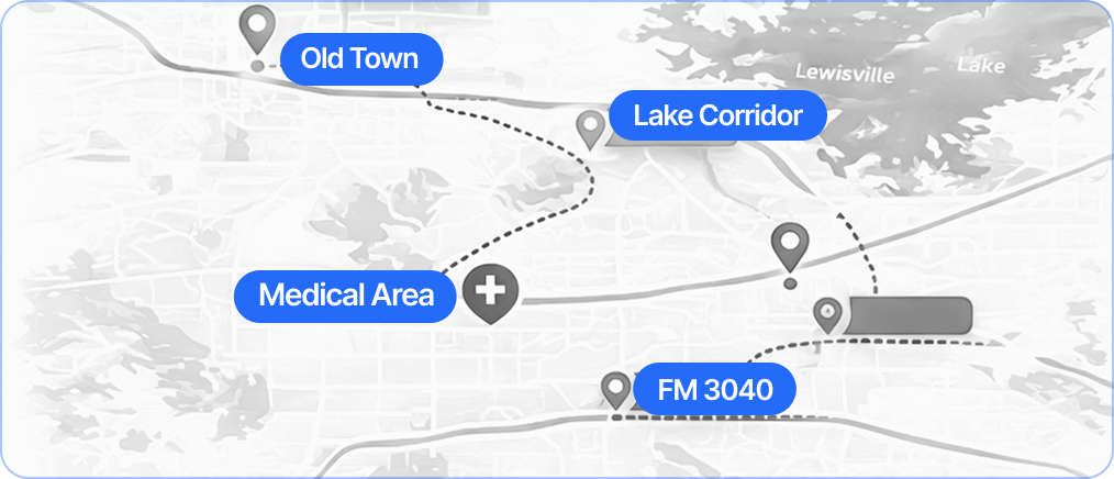 Map of Lewisville, TX districts served for local SEO and digital marketing, including Old Town, the Lake Lewisville area, the medical district, and FM 3040