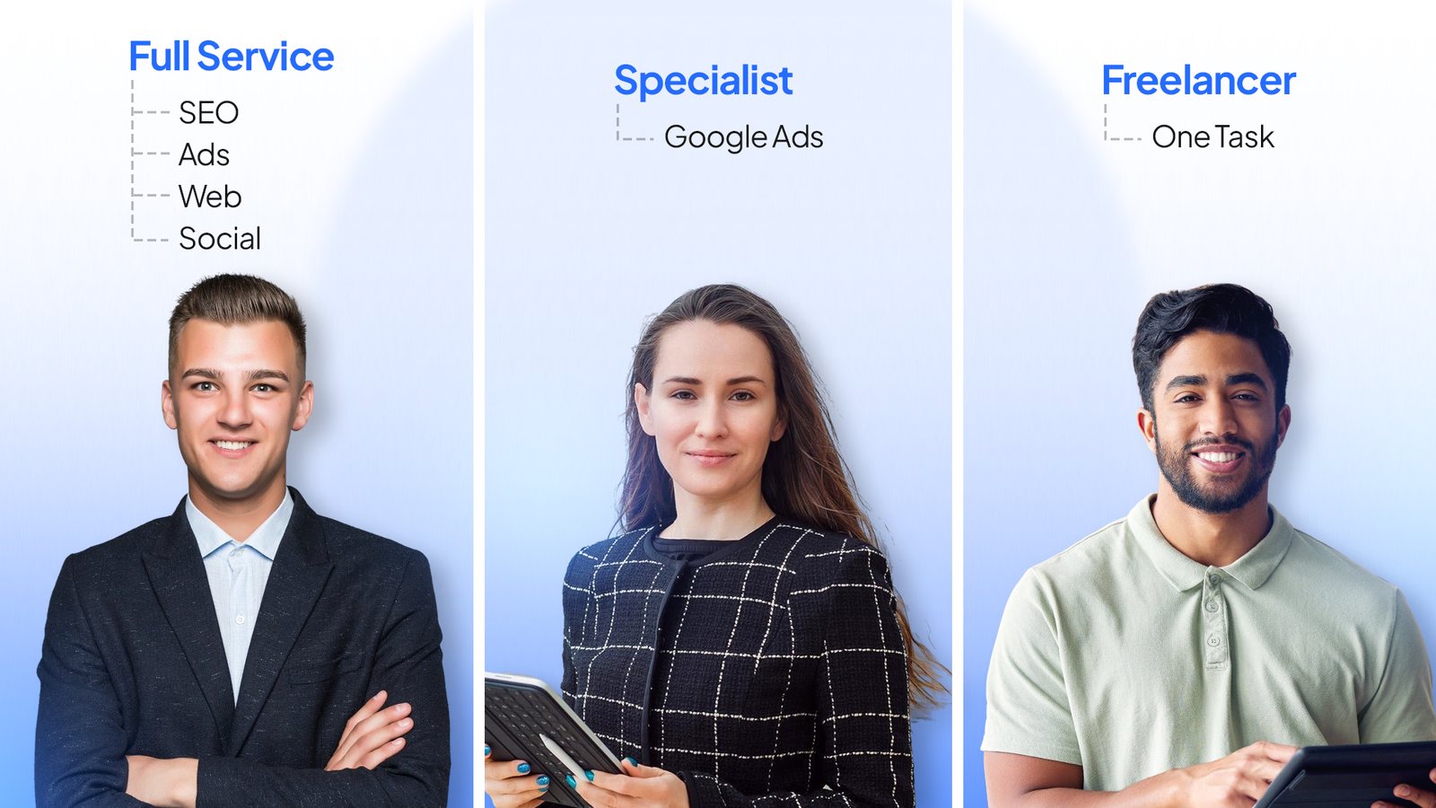 Best Marketing Agencies for Small Businesses in 2026 1 Diagram comparing full-service marketing agencies, specialist agencies, and freelancer marketplaces