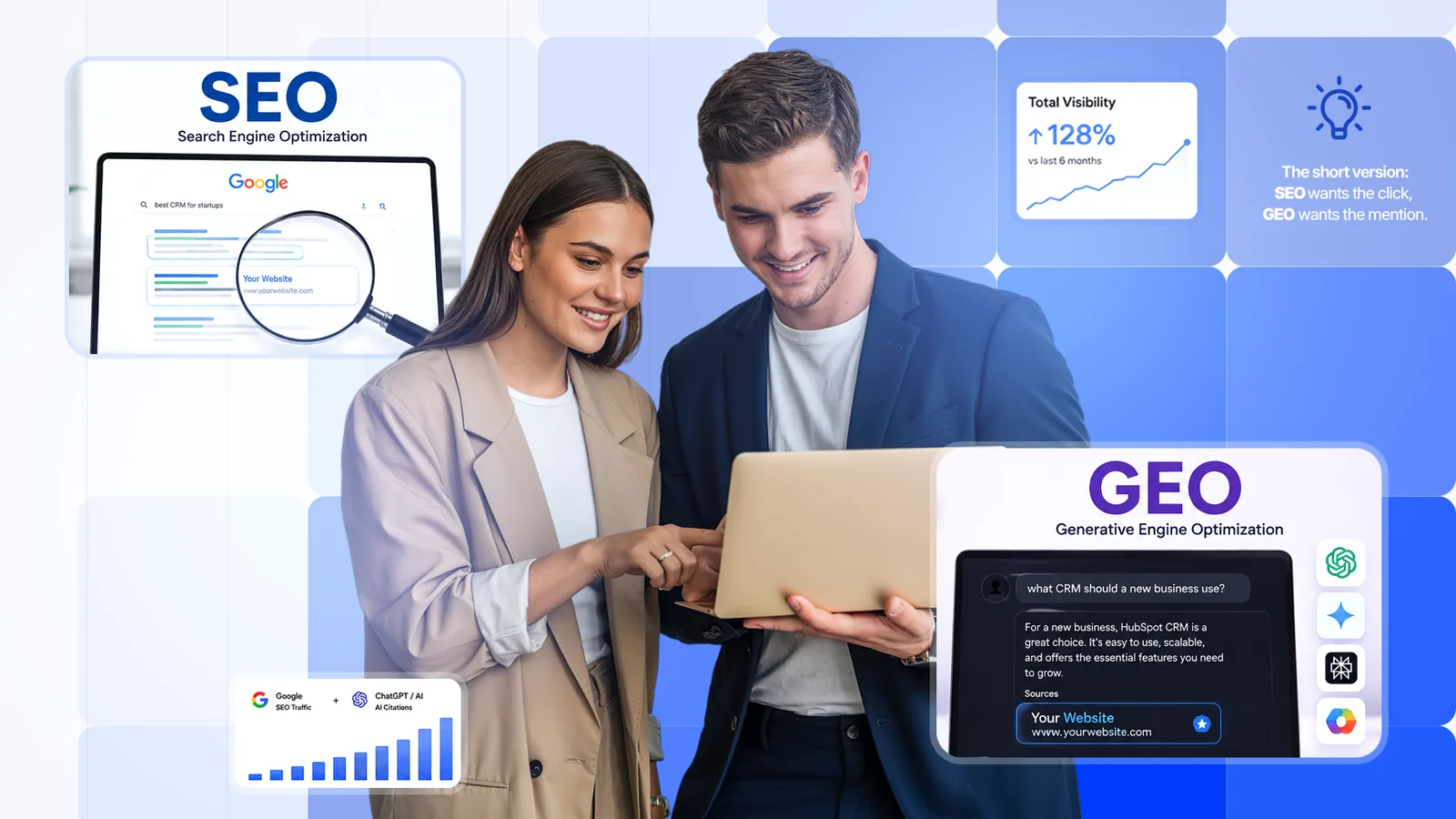 GEO vs SEO: What's the Difference and Do You Need Both? (2026) 1 Side by side comparison of SEO and GEO showing SEO wants the click and GEO wants the mention