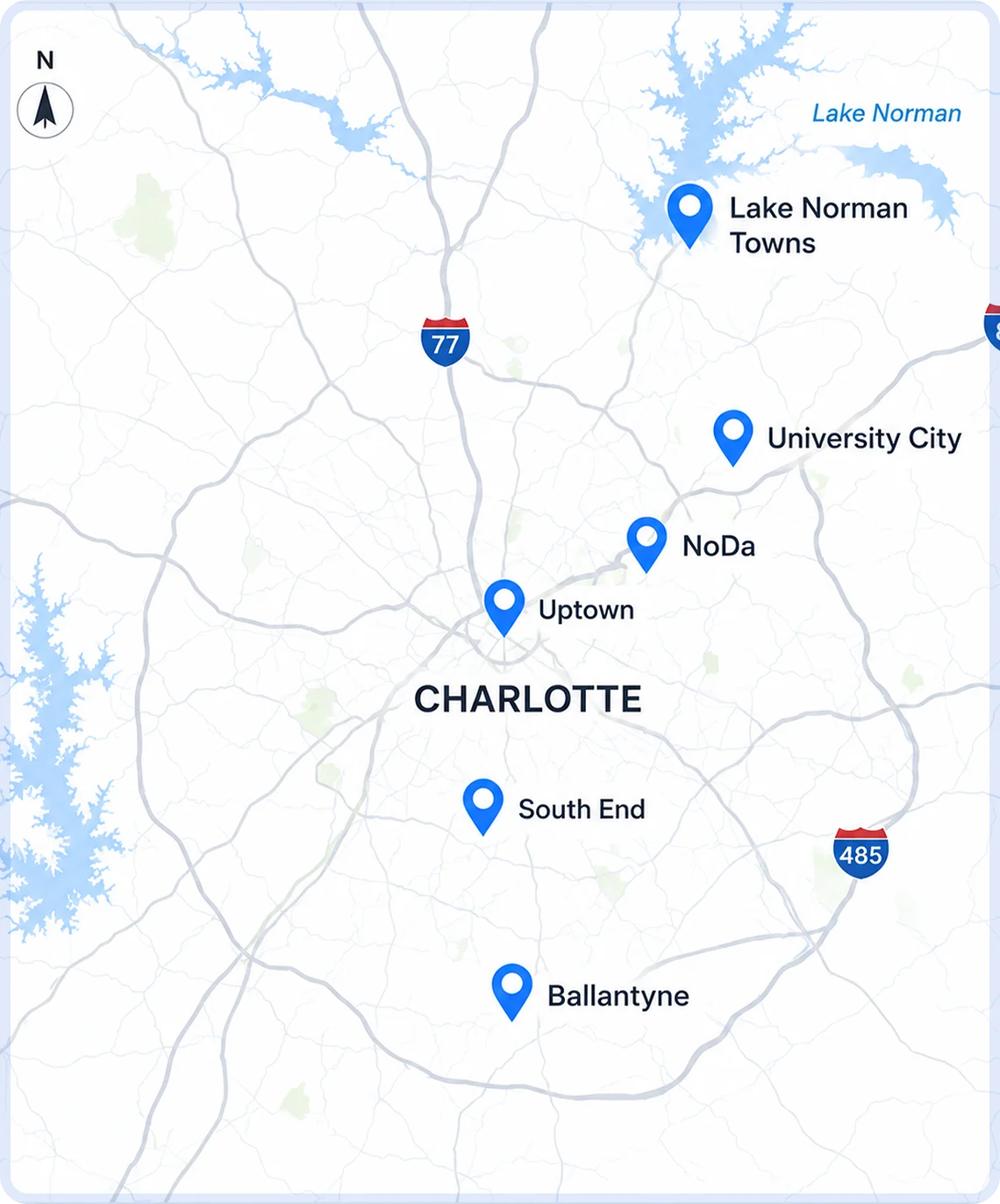 Map of the Charlotte metro showing Uptown, South End, NoDa, University City, Ballantyne, and the Lake Norman towns