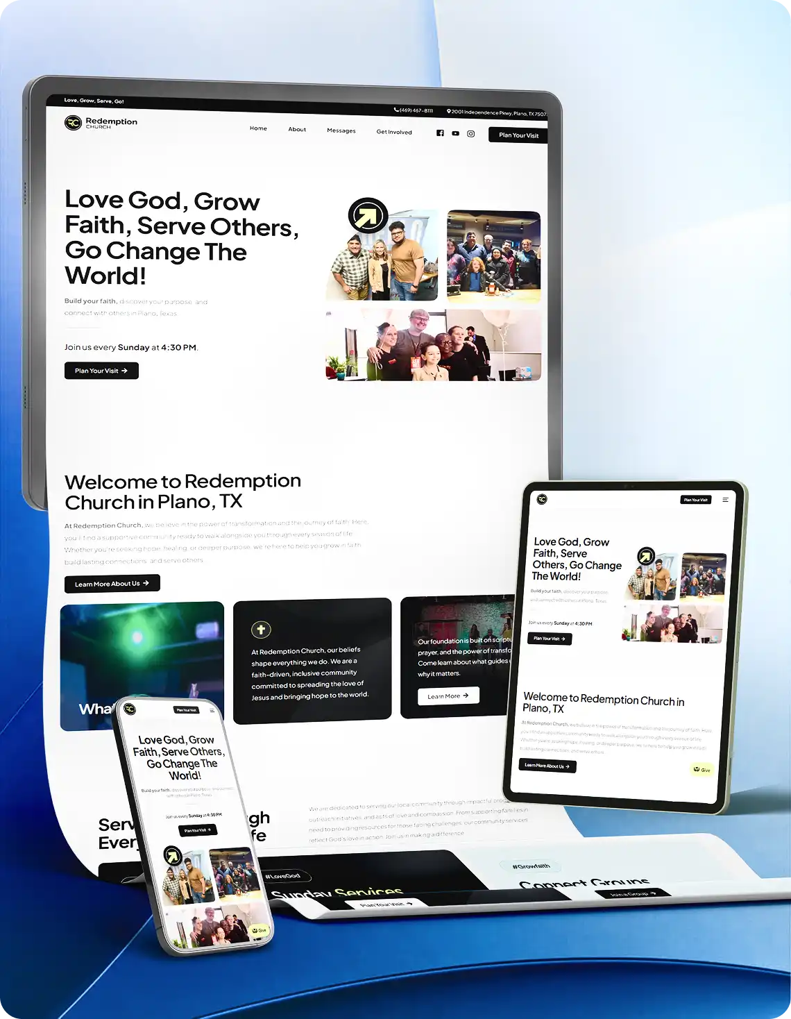 Redesigned website preview for Redemption Church in Plano, TX shown across desktop, tablet, and mobile