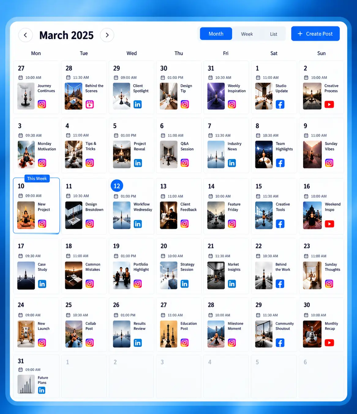 Monthly social media content calendar with posts scheduled across every day of the month
