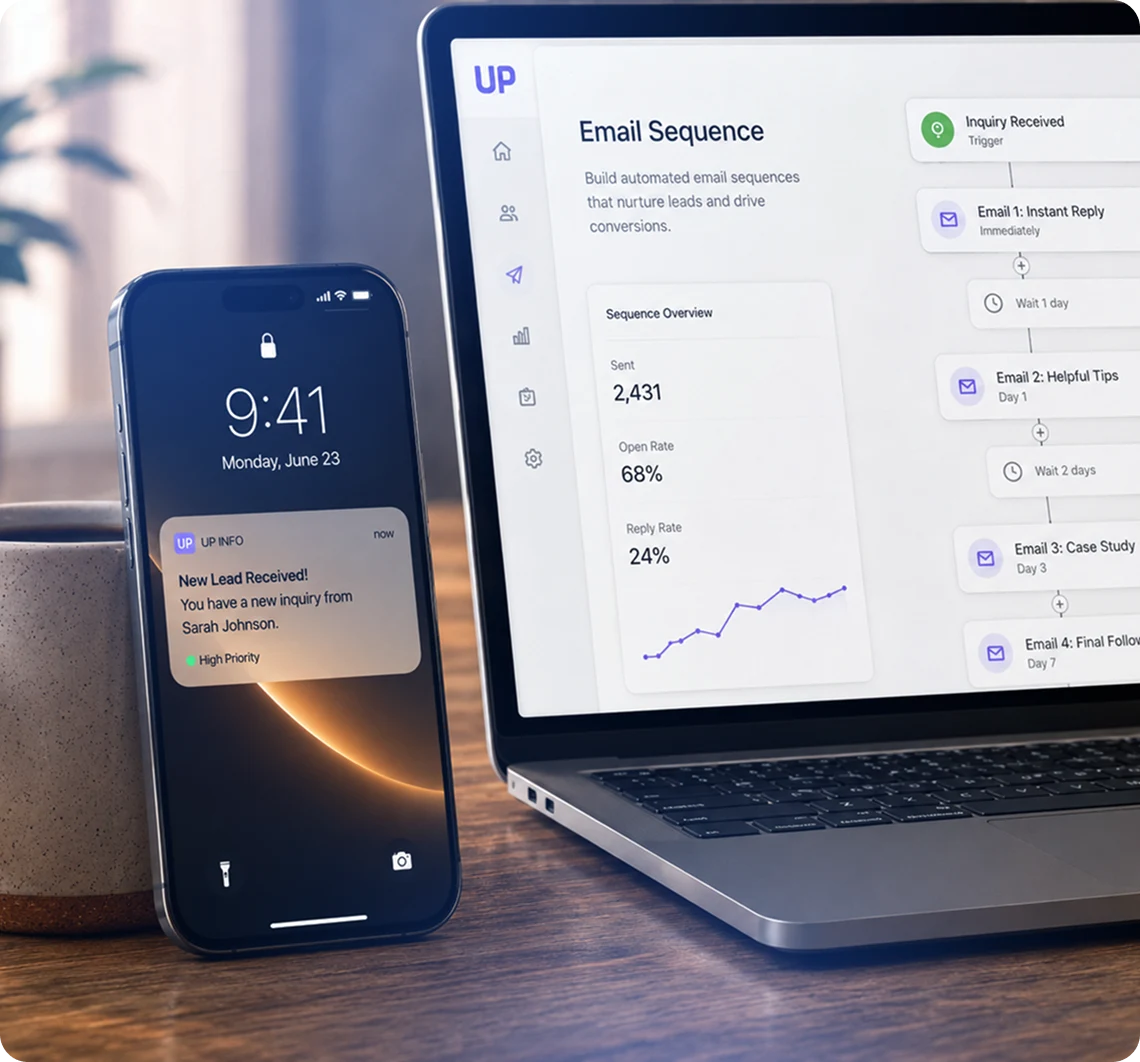 Lead Generation Services | Inbound Leads That Convert | Lotiva 4 Automated email sequence dashboard showing instant reply performance and inquiry notifications
