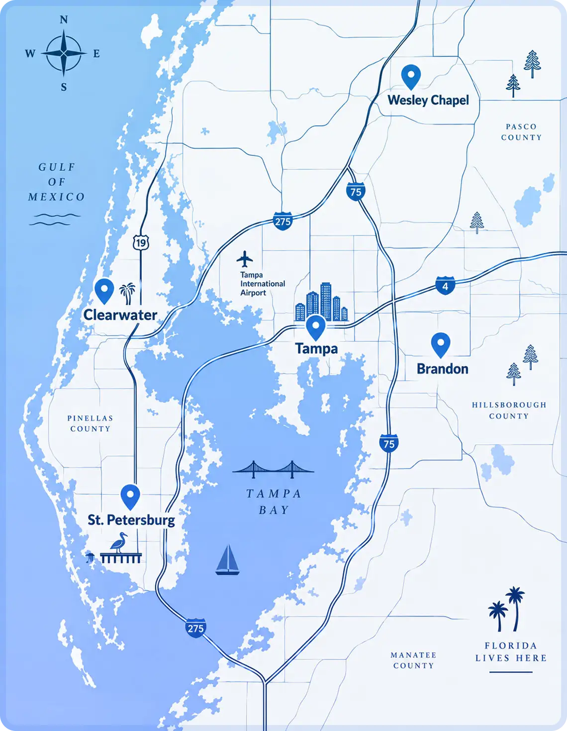 Map of the Tampa Bay metro showing Tampa, St. Petersburg, Clearwater, Brandon, and Wesley Chapel