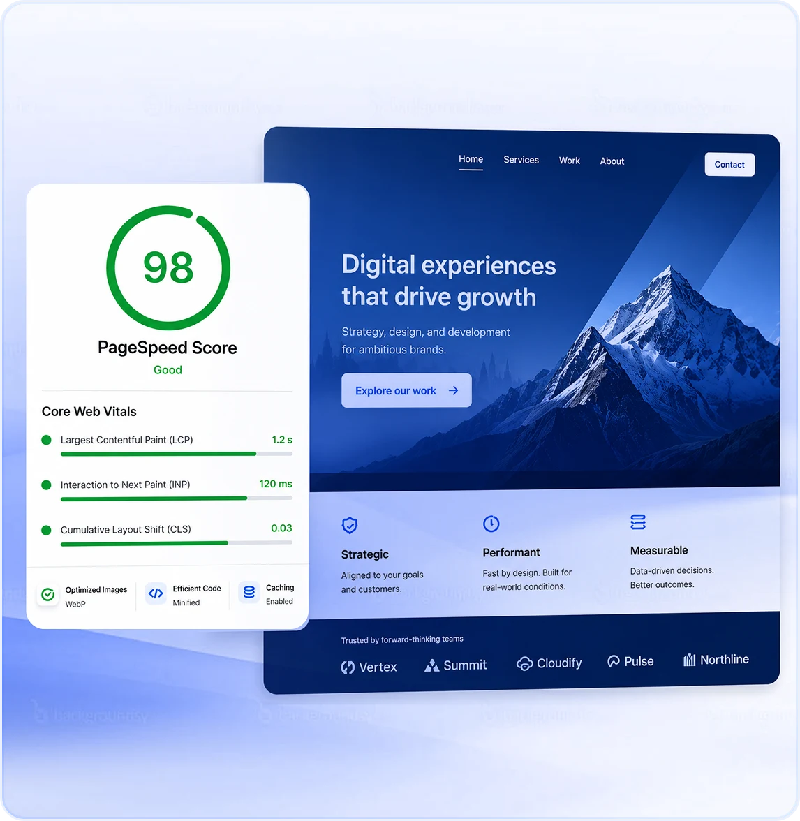 Web Design Agency | Websites Built to Convert & Rank | Lotiva 4 PageSpeed score of 98 and Core Web Vitals results for a website