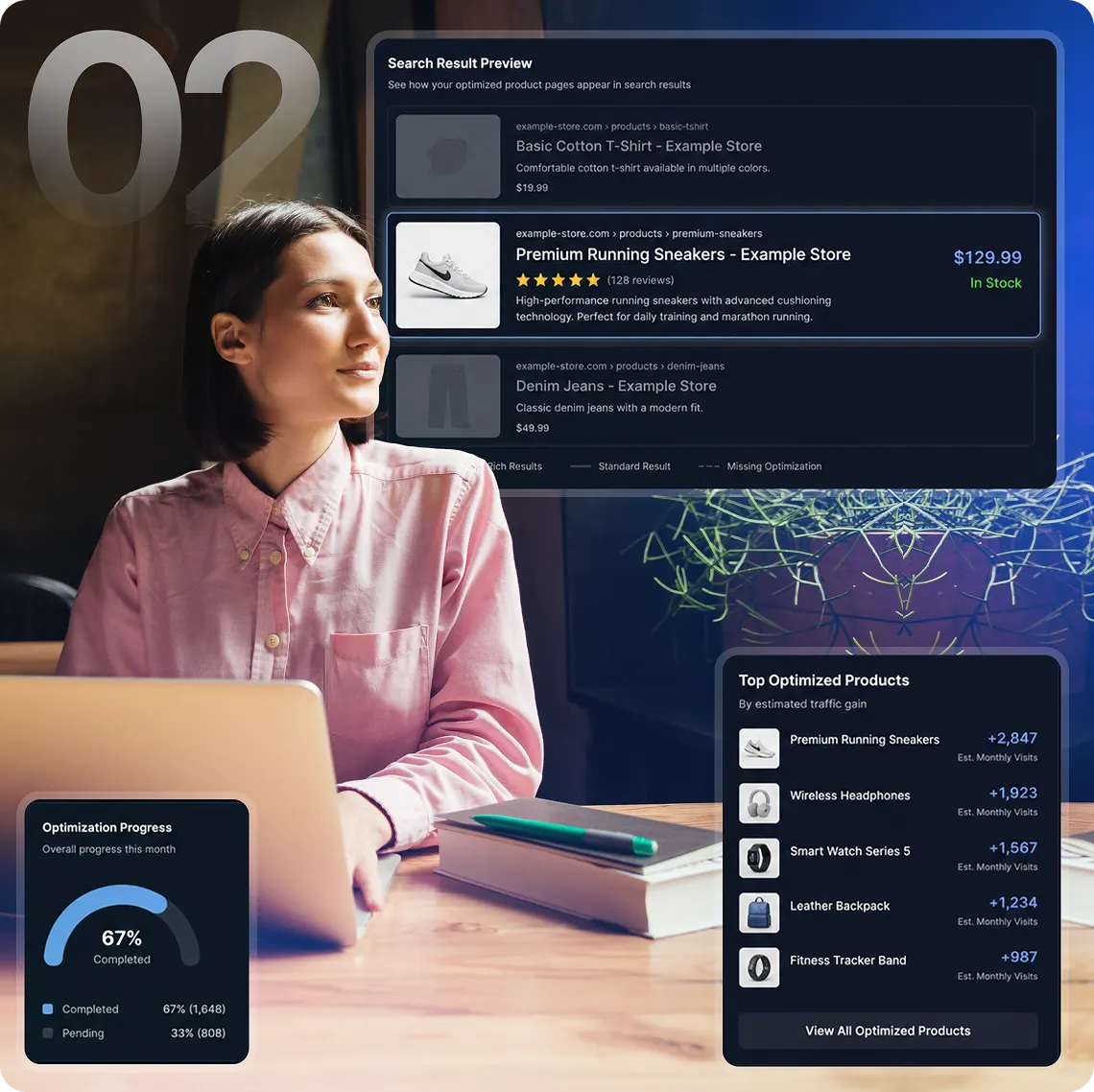 Ecommerce SEO Services 4 Optimized product page search result preview with pricing and ranking progress dashboard