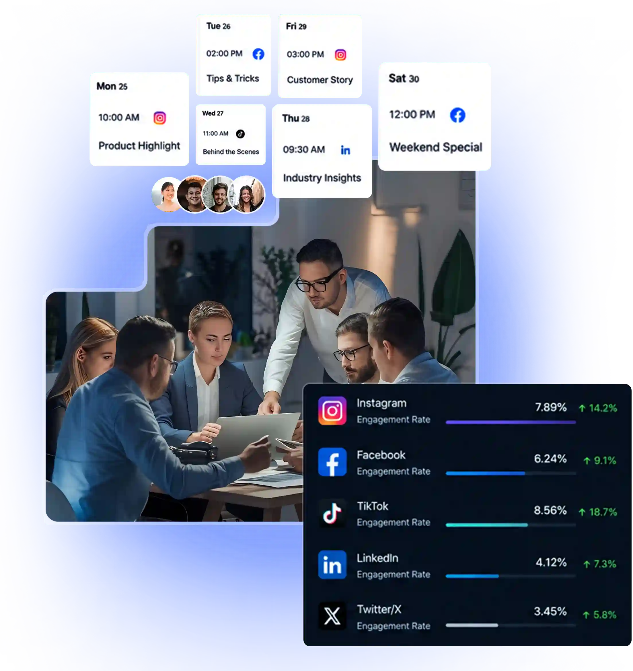Social media content calendar and engagement rate dashboard across platforms