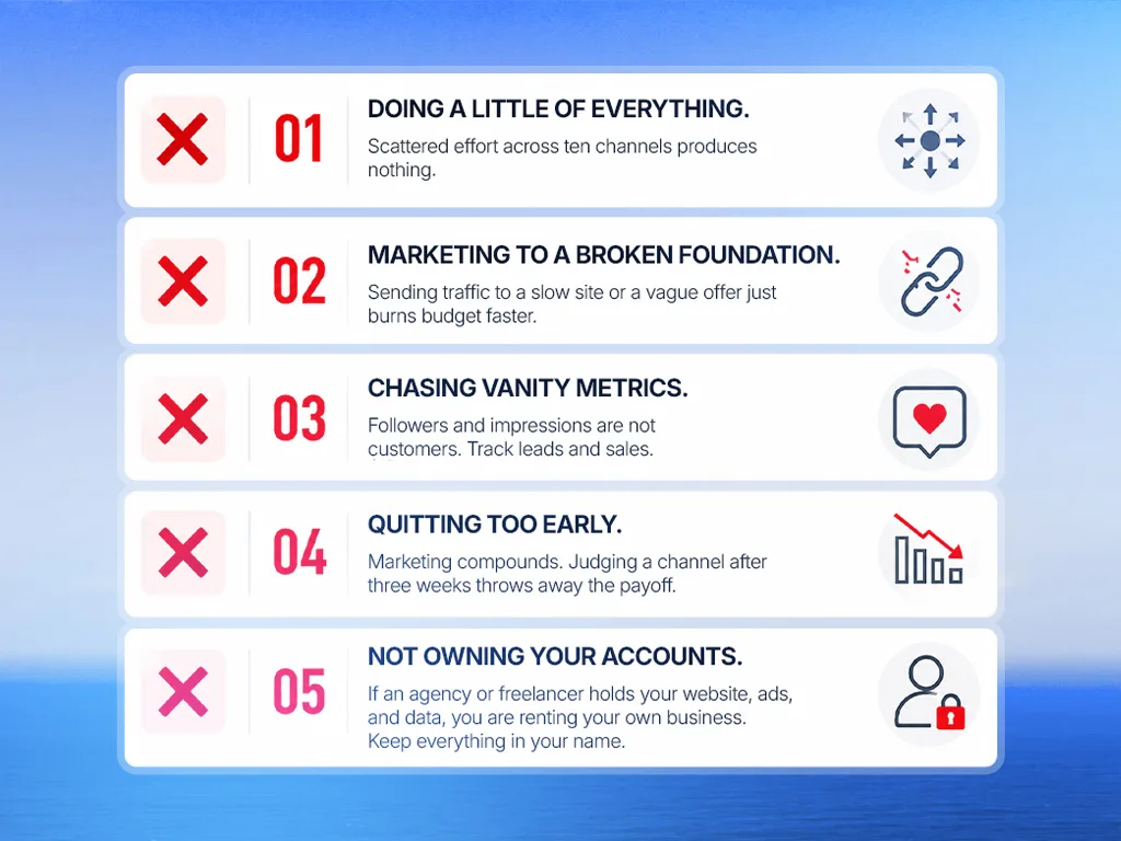 Five small business marketing mistakes marked with red X marks: doing a little of everything, marketing to a broken foundation, chasing vanity metrics, quitting too early, not owning your accounts