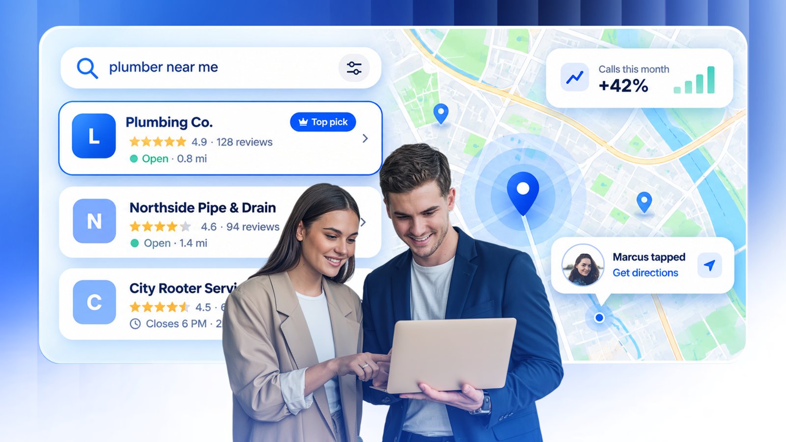 Local SEO for small business: a Google map pack listing with reviews and a complete business profile